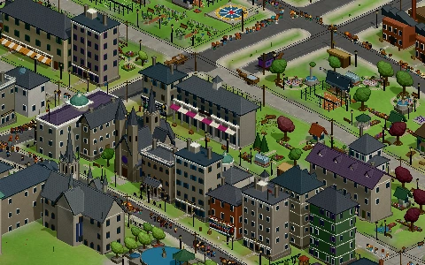 A busy street of shops with awnings and shopfronts.
