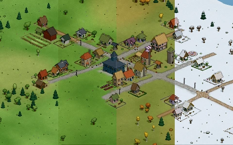 One view of a village across the year: spring, summer, autumn and winter snow from left to right.