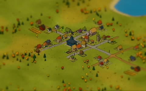 The town with a tilt-shift blur, like a model village.