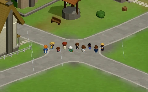 Ten villagers lined up on the street by the well: a shopkeeper, a farmhand in a straw hat, children, a builder, a pensioner with a basket, a clerk, a nurse and the watch.